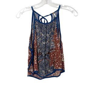 Free People Break Free Blue & Brown Printed Tank Top Boho Indie - Size Small